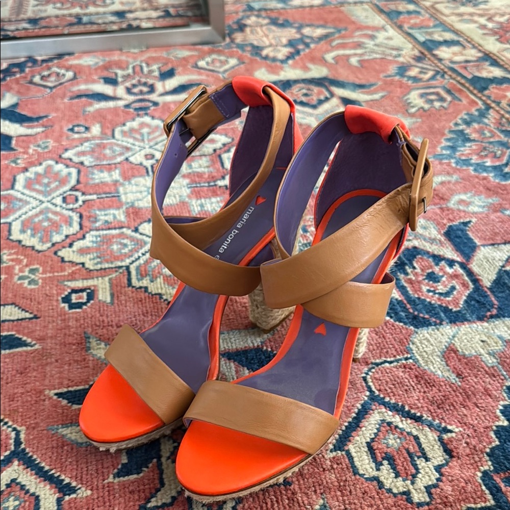 Tan and Orange High-Heeled Strappy Sandals